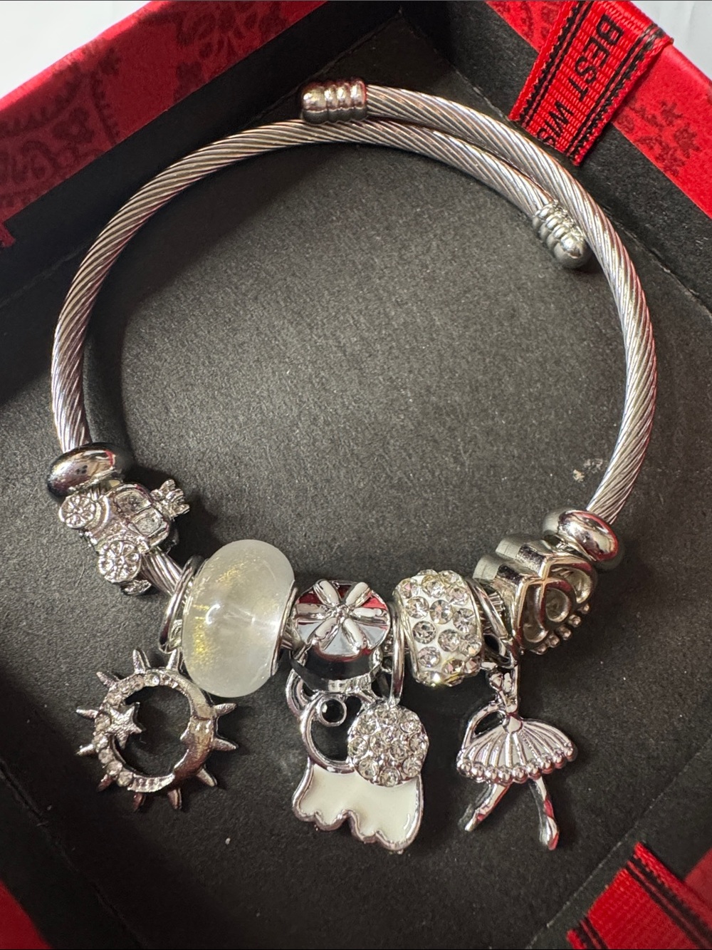 Silver-Tone Charm Bangle Bracelet with White and Clear Accents